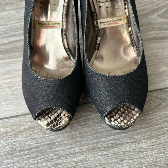 Pepe Marni Snakeskin Fabric Mixed Peep Toe Platform  Pumps - Picture 5 of 14